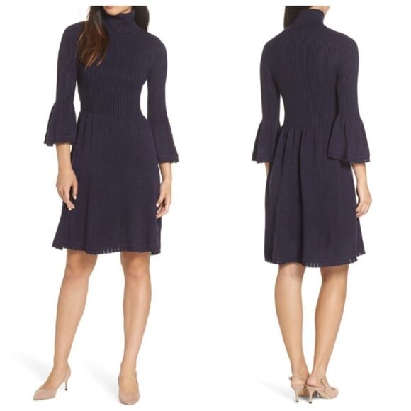 Eliza J Ribbed Knit Dress Turtleneck Navy - Picture 1 of 9